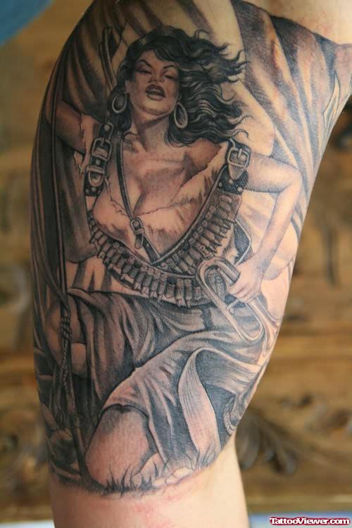 Attractive Grey Ink Graveyard Tattoo On Right Sleeve