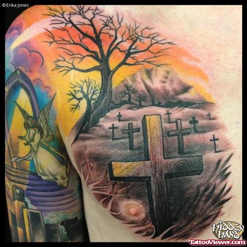 Amazing Tree And Cross Graveyard Tattoo On Man Chest