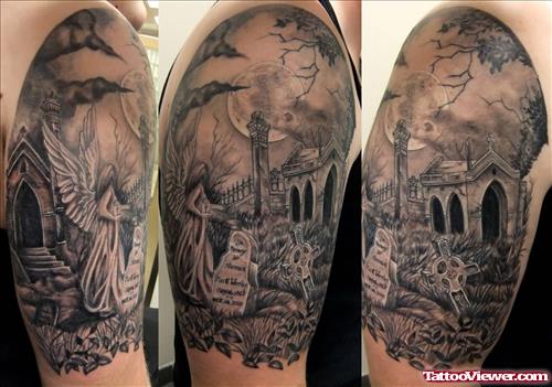 Amazing Grey Ink Graveyard Tattoo On Half Sleeve