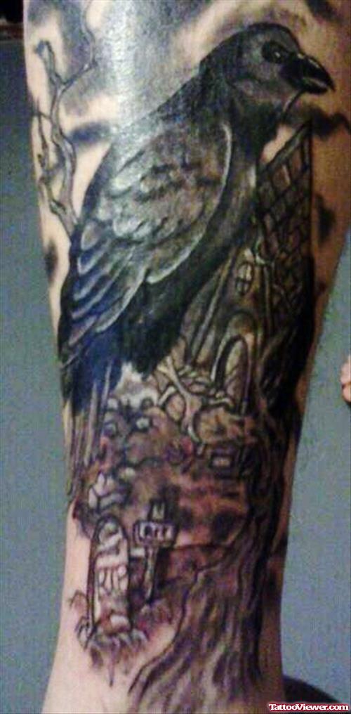 Amazing Graveyard Tattoo On Sleeve