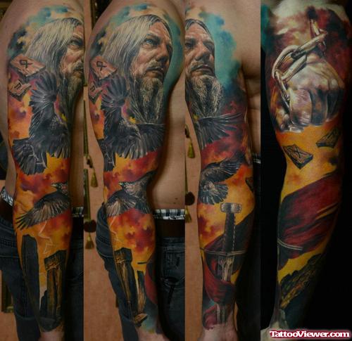 Amazing Colored Graveyard Tattoo On Full Sleeve