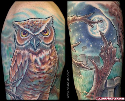 Amazing Owl Graveyard Tattoo On Half Sleeve