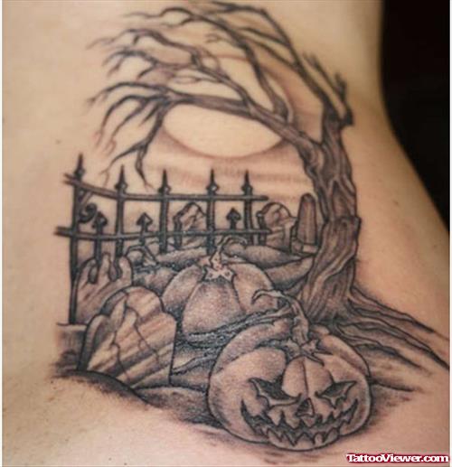 Halloween Pumpkin And Graveyard Tattoo On Side