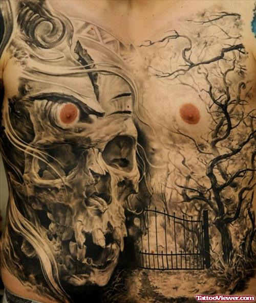 Grey Ink Skull Graveyard Tattoo On Chest