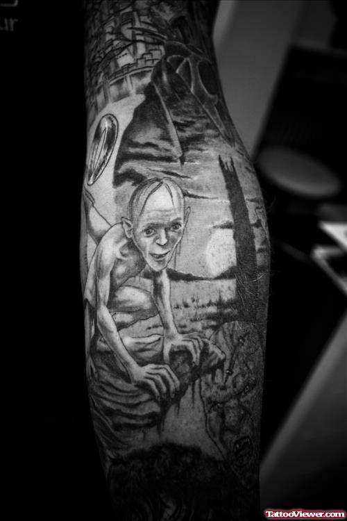 Grey Ink Graveyard Tattoo On Full Arm