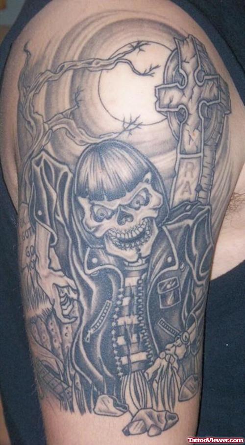 Grey Ink Graveyard Tattoo On Half Sleeve For Girls