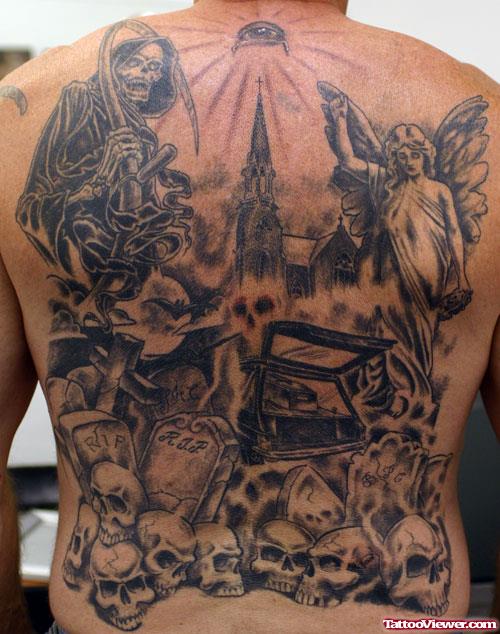 Grey Ink Graveyard Skulls Tattoos On Back