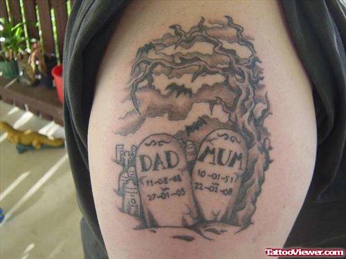 Graveyard Tombstone Tattoo On Right Shoulder