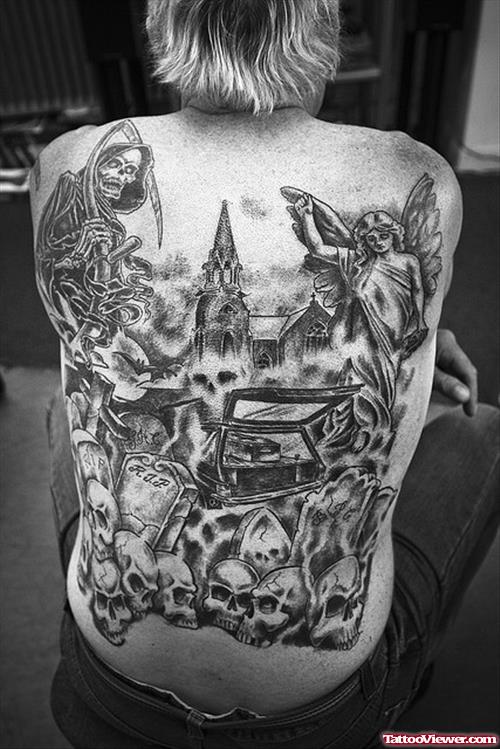 Best Grey Ink Graveyard Tattoo On Back Body