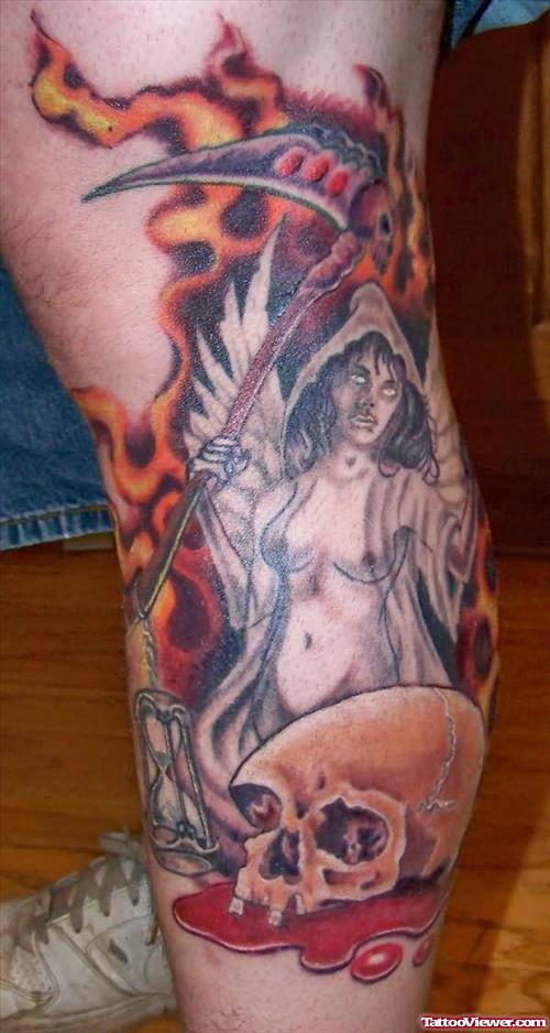 Flaming Skull And angel Graveyard Tattoo On Leg