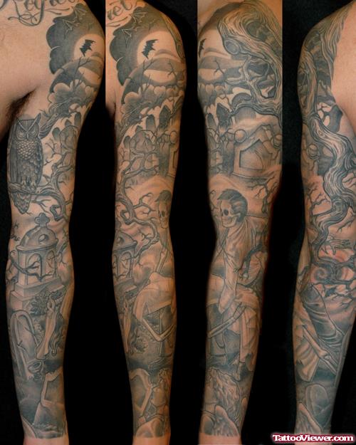 Cool Grey Ink Graveyard Tattoos On Sleeve