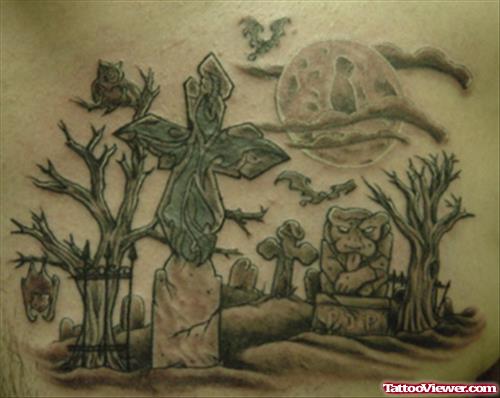 Cool Grey Ink Graveyard Tattoo On Back