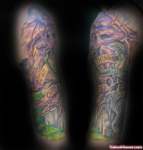 Colored Graveyard Tattoo On Design For Sleeve