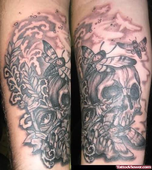Awesome Grey Ink Skull Graveyard Tattoo