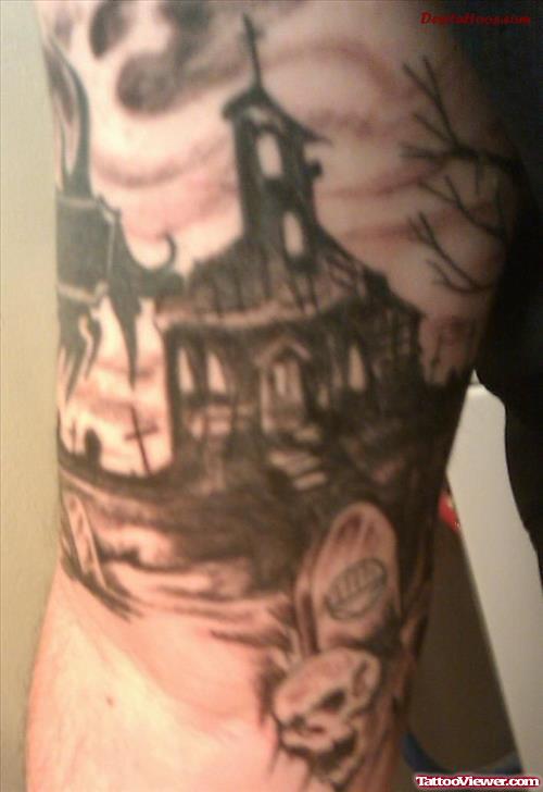 Awesome Grey Ink Graveyard Tattoo On Man Sleeve
