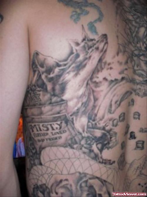 Awesome Grey Ink Graveyard Tattoo On Man Back