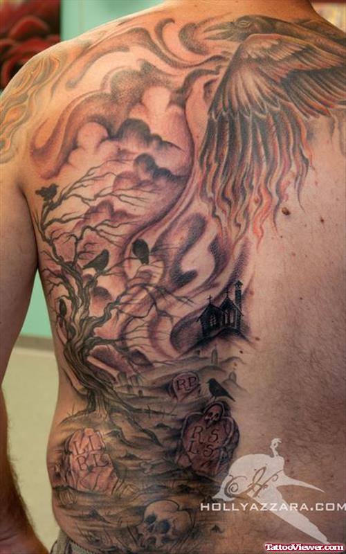 Awesome Grey Ink Graveyard Tattoo On Man Back Body