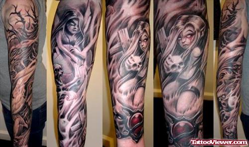 Awesome Grey Ink Graveyard Tattoo On Full Sleeve
