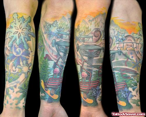 Awesome Color Ink Graveyard Tattoo On Arm