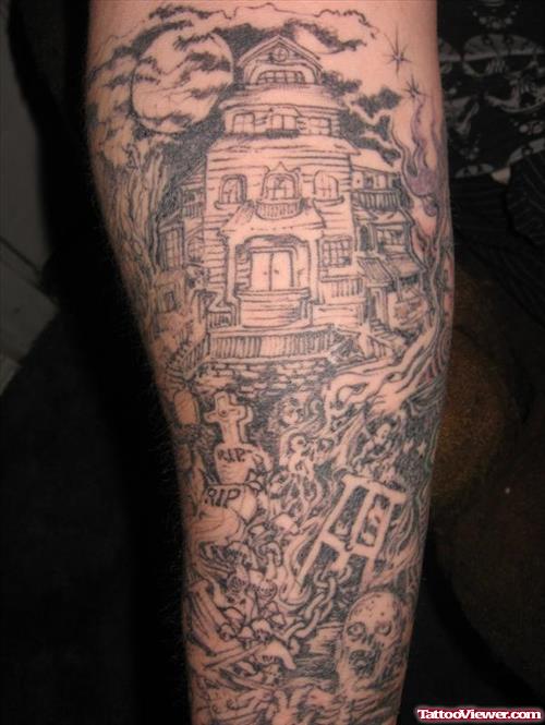 Attractive Grey Ink Graveyard Tattoo On Sleeve