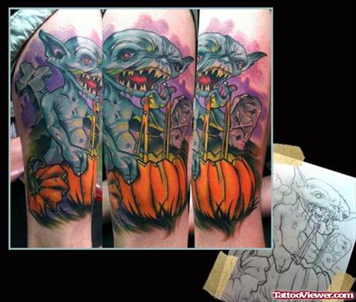 Pumpkin And Graveyard Tattoo