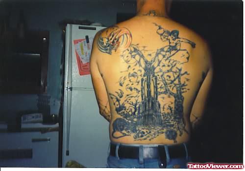 Grey Ink Graveyard Tattoo On Man Back Body