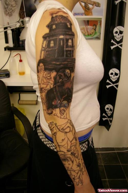 Grey Ink Graveyard Tattoo On Girl Right Sleeve