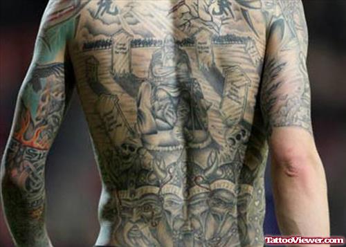 Grey Ink Graveyard Tattoo On Back Body