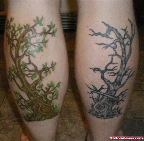Graveyard Trees Tattoos On Back Legs