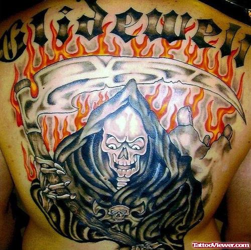 Flaming Grim Reaper Graveyard Tattoo On Back