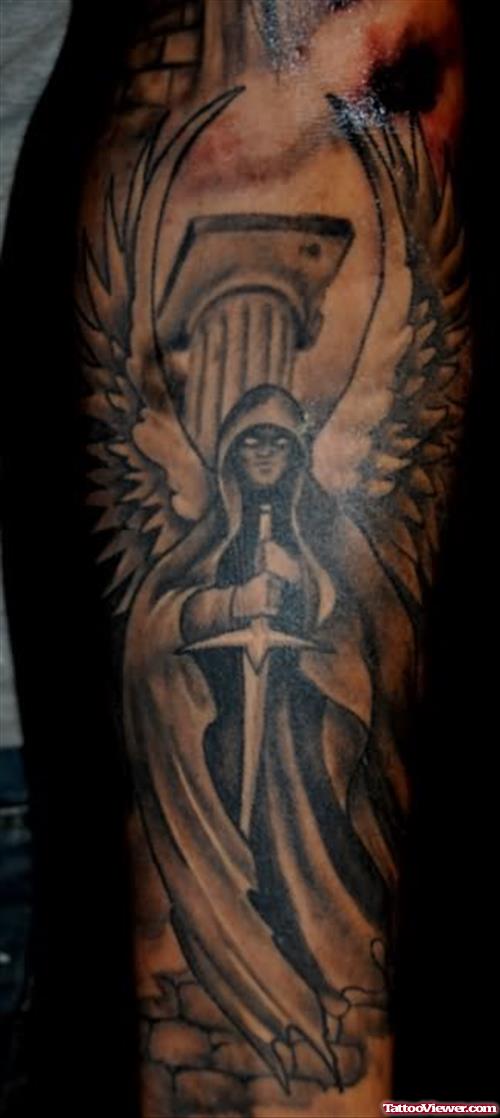 Dark Ink Graveyard Tattoo On Sleeve