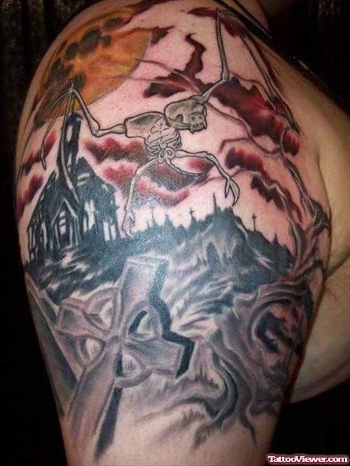 Best Grey Ink Graveyard Tattoo On Left Half Sleeve