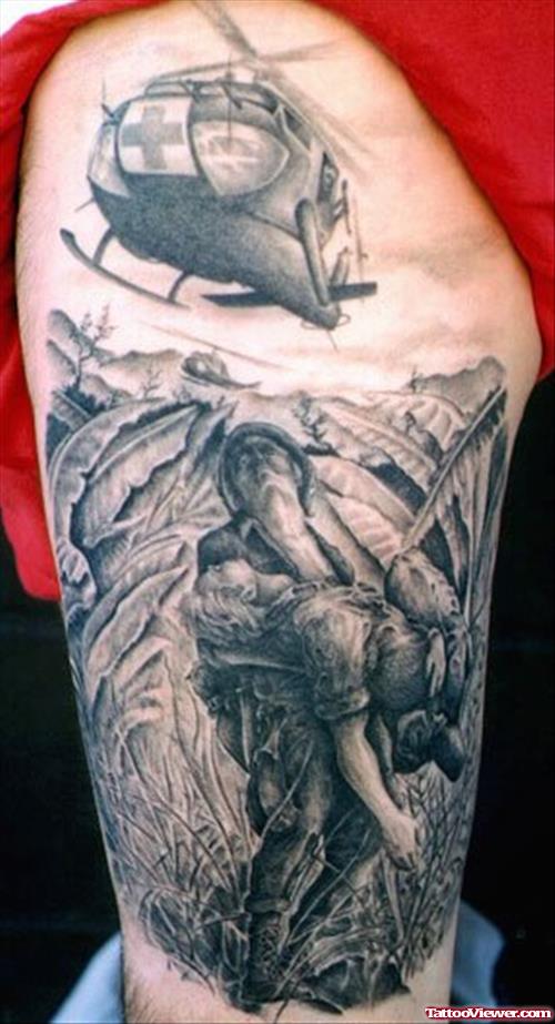 Beautiful Grey Ink Graveyard Tattoo On Right Half Sleeve