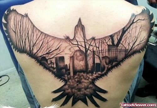 Awesome Grey Ink Graveyard Tattoo On Back