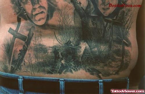 Awesome Graveyard Tattoo On Man Lowerback