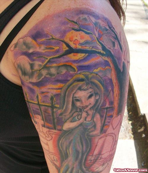 Awesome Color Ink Graveyard Tattoo On Left Half Sleeve