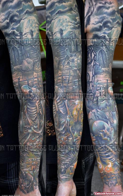 Amazing Grey Ink Sleeve Graveyard Tattoo