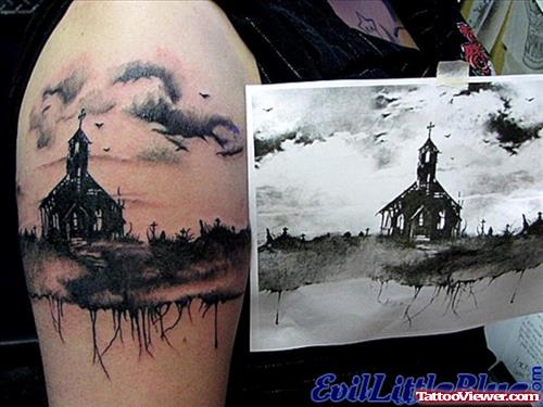 Amazing Grey Ink Graveyard Tattoo On Shoulder