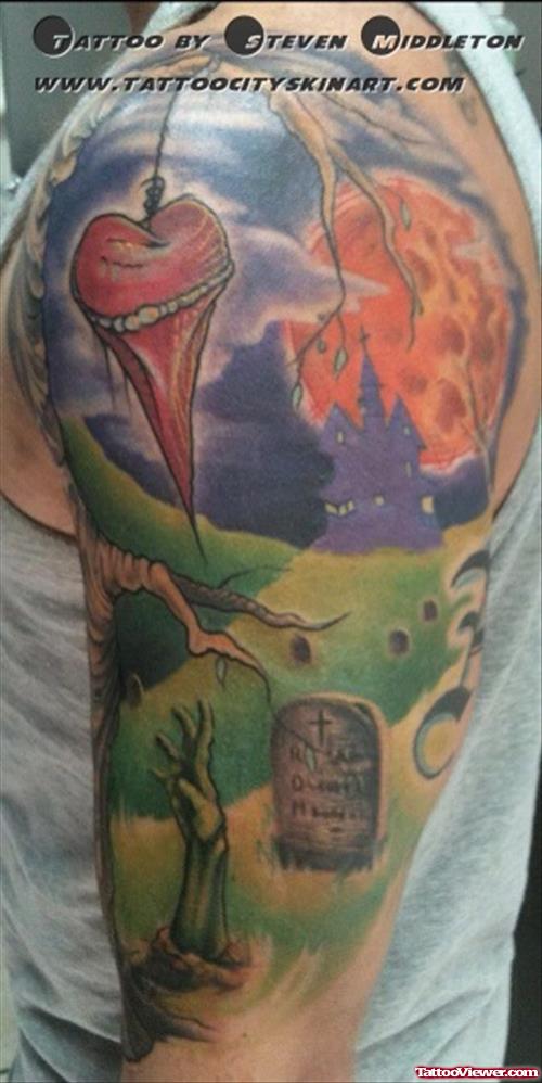Zombie Graveyard Tattoo On Left Half Sleeve