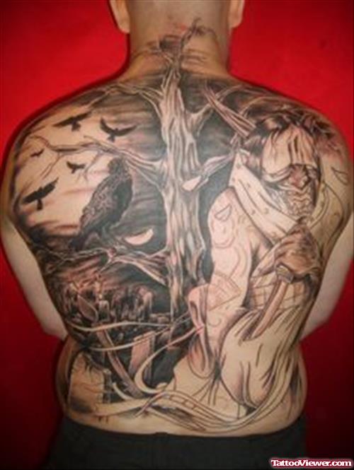 Grey Ink Tree And Raven Graveyard Tattoo On Back