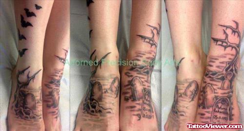 Grey Ink Graveyard Tattoos On Legs