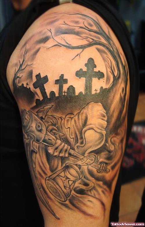 Grey Ink Cross And Grim Reaper Graveyard Tattoo On Half Sleeve