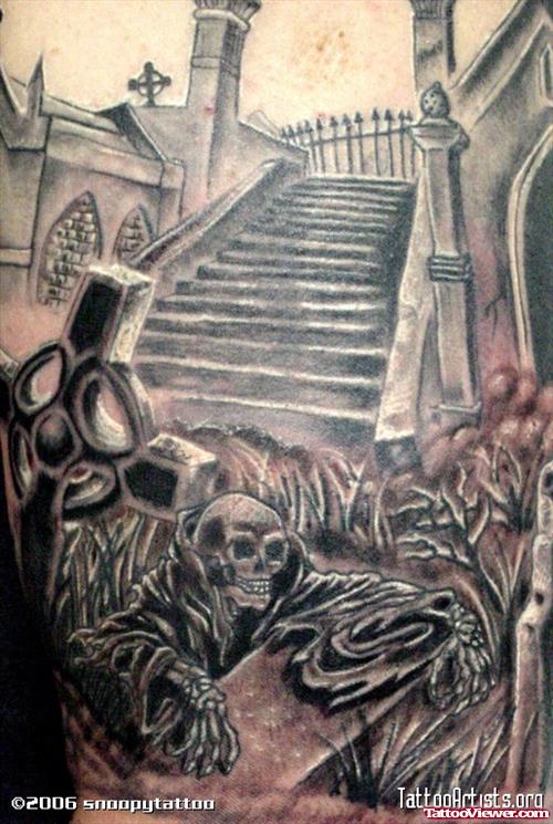 Grey Ink Cemetry Graveyard Tattoo