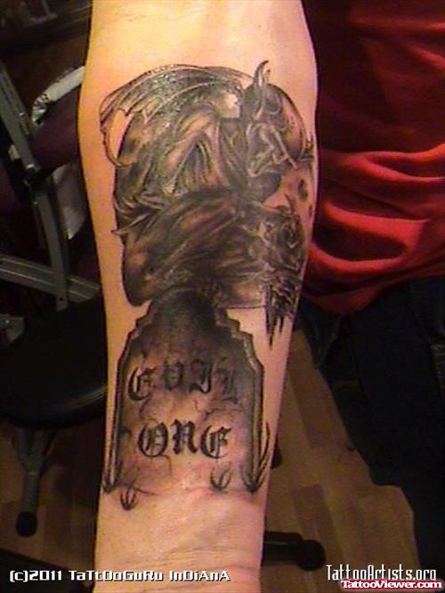 Graveyard Tombstone Tattoo On Right Forearm