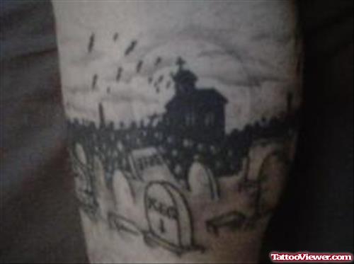 Black Ink Gothic Graveyard Tattoo On Bicep