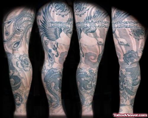 Amazing Grey Ink Graveyard Tattoo On Leg Sleeve