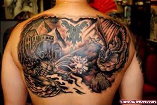 Amazing Grey Ink Graveyard Tattoo On Back Body