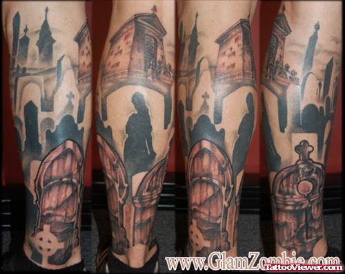 Amazing Graveyard Tattoo On Leg