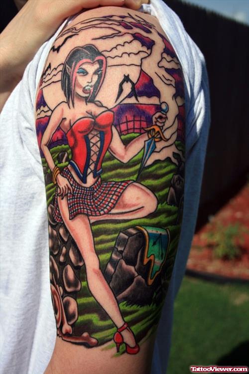 Amazing Colored Graveyard Tattoo On Left Half Sleeve