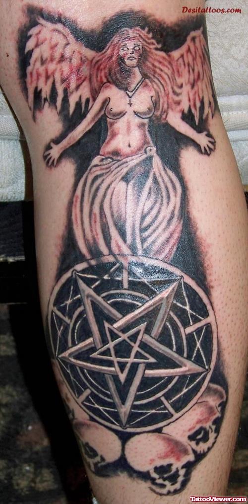 Pentagram And Angel Graveyard Tattoo On Leg